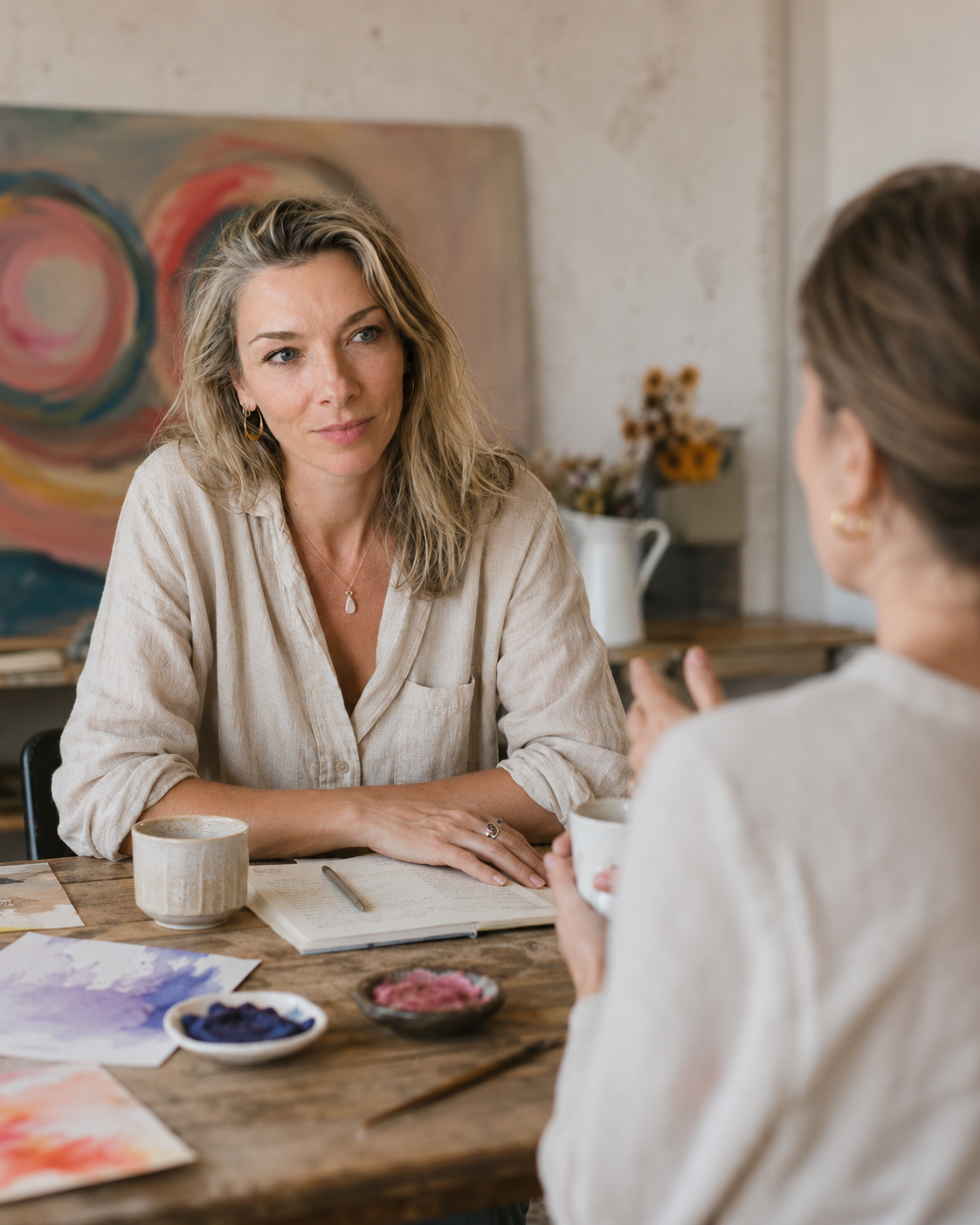 Nicky Myny in conversation with a participant in the atelier.