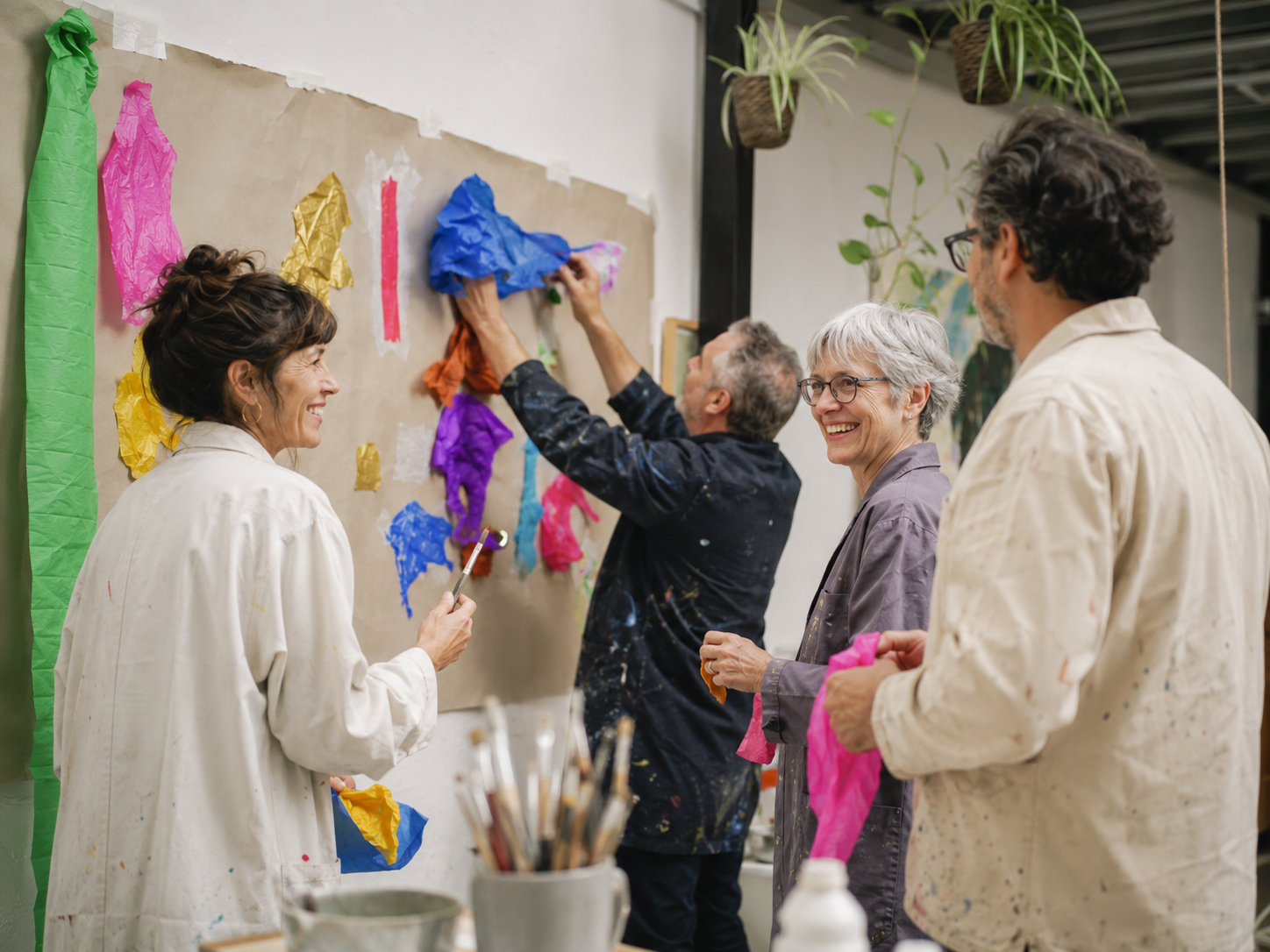 Participants smiling and collaborating on a colourful paper wall in the studio.