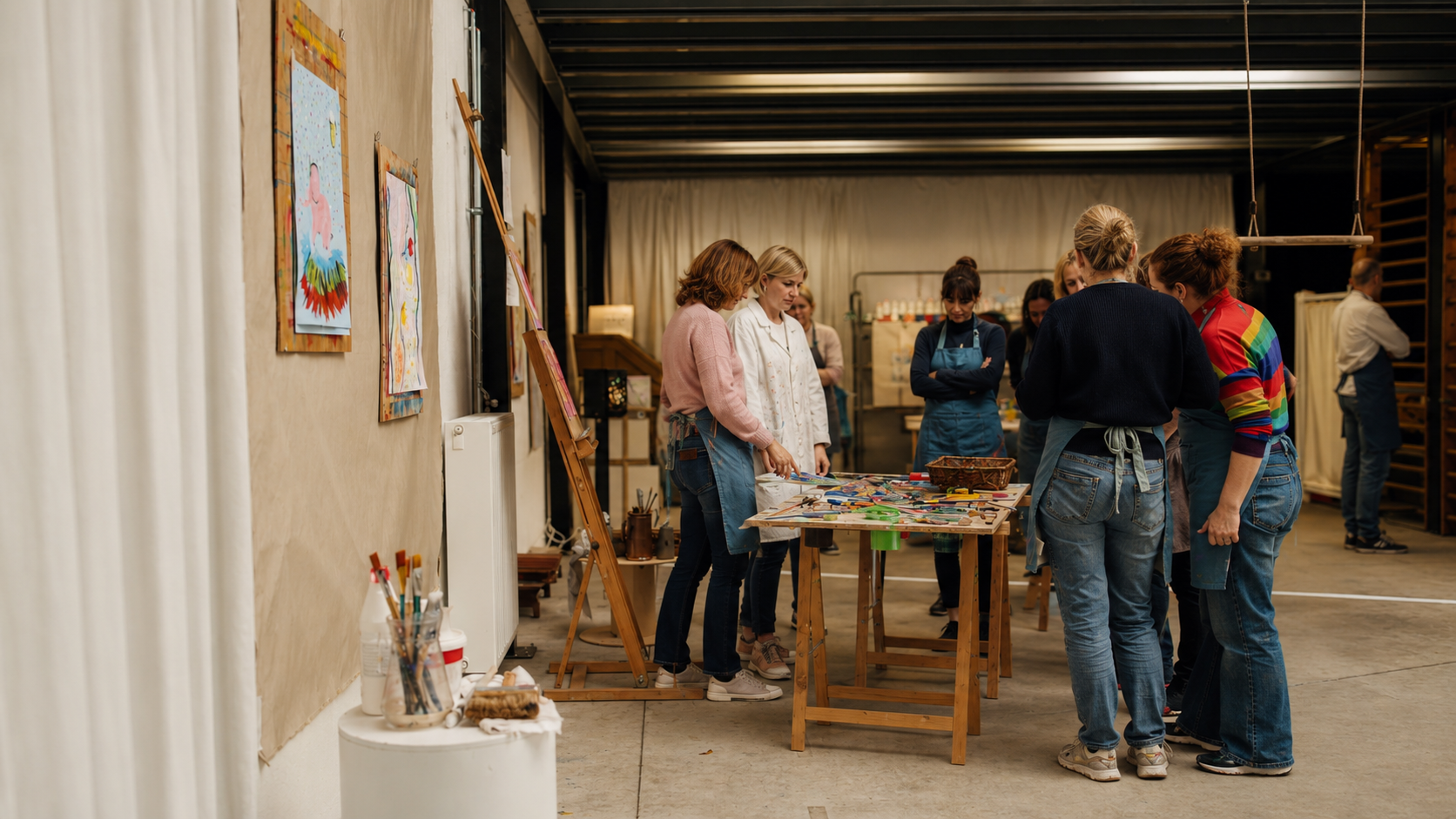 A group gathered around the studio table exploring materials during an ARTKOM session.