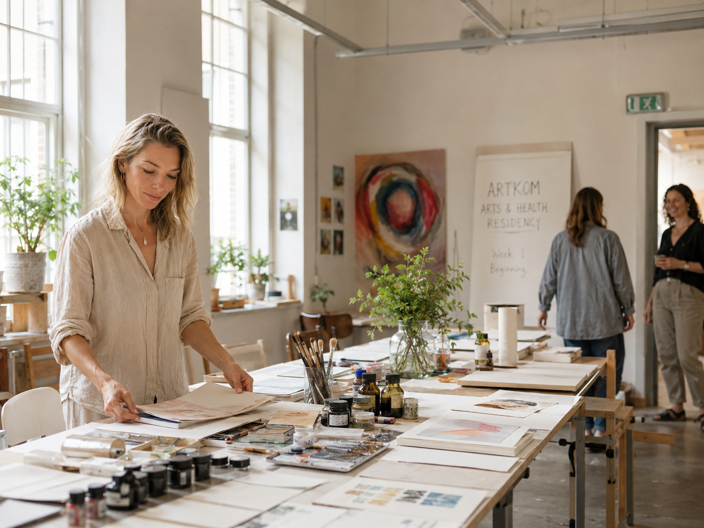 Nicky Myny in the ARTKOM studio preparing residency materials on a long table, with artworks and the ARTKOM Arts & Health Residency whiteboard in the background.
