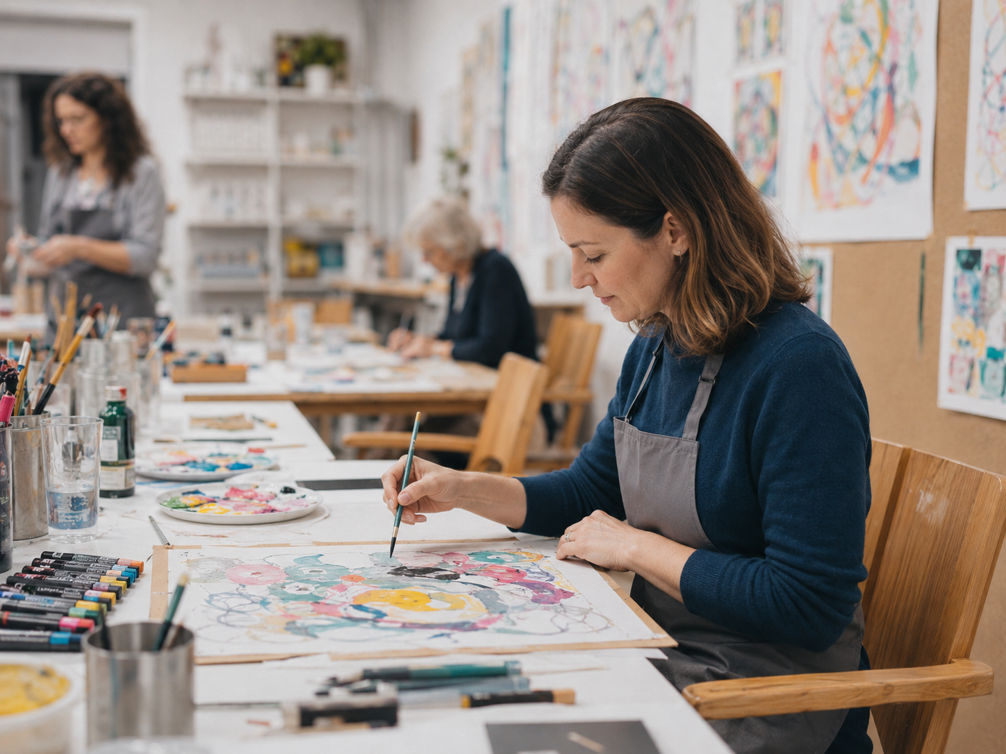 A participant painting freely on paper mounted on the wall of the ARTKOM atelier.