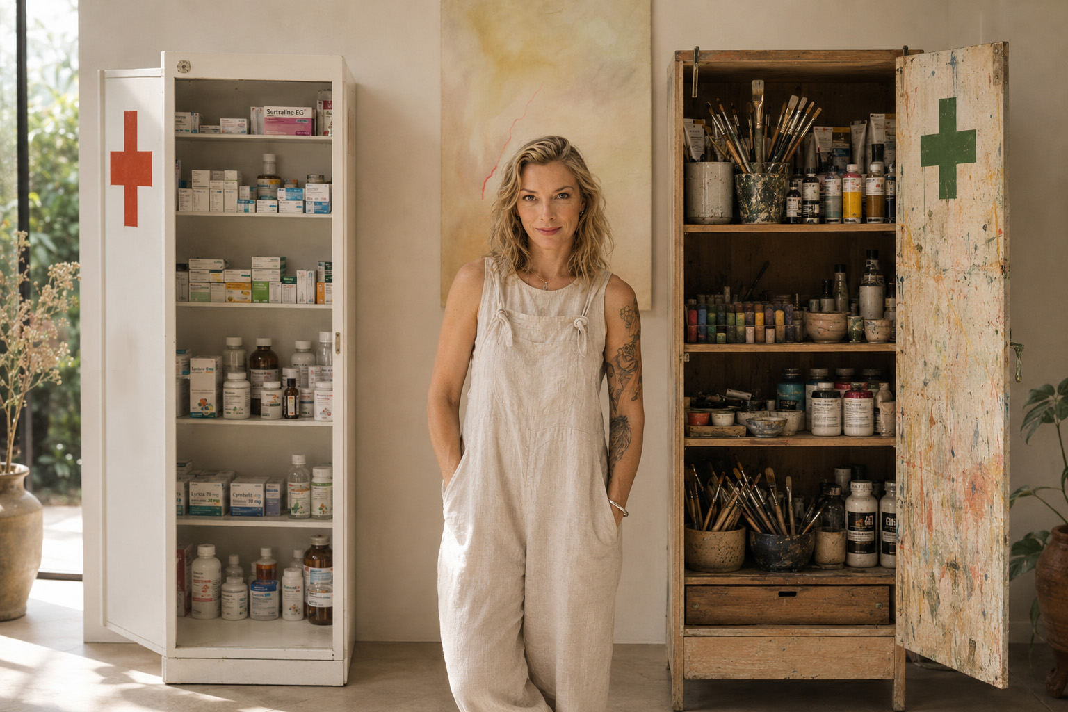 Nicky Myny standing calmly between two open cabinets in the studio: one holding medication, the other holding art materials, evoking the space between care and creative practice