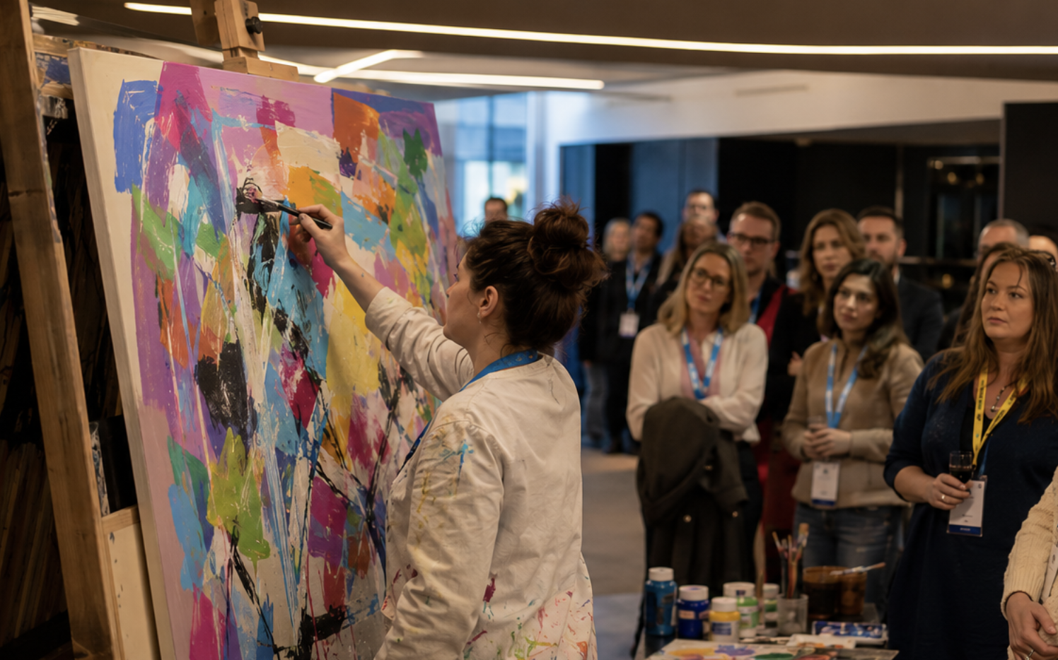 Nicky Myny painting live on a large colourful canvas at the Break The Ice Forum, Cardo Brussels, with delegates watching.