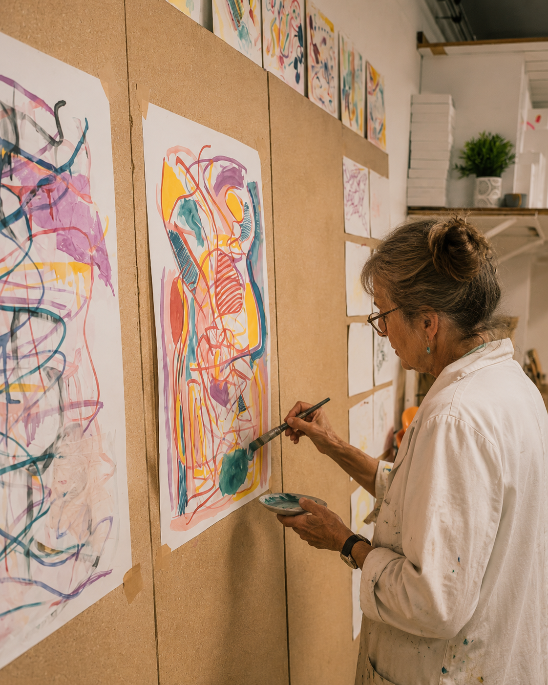 A participant painting an expressive abstract work on paper mounted on the studio wall.