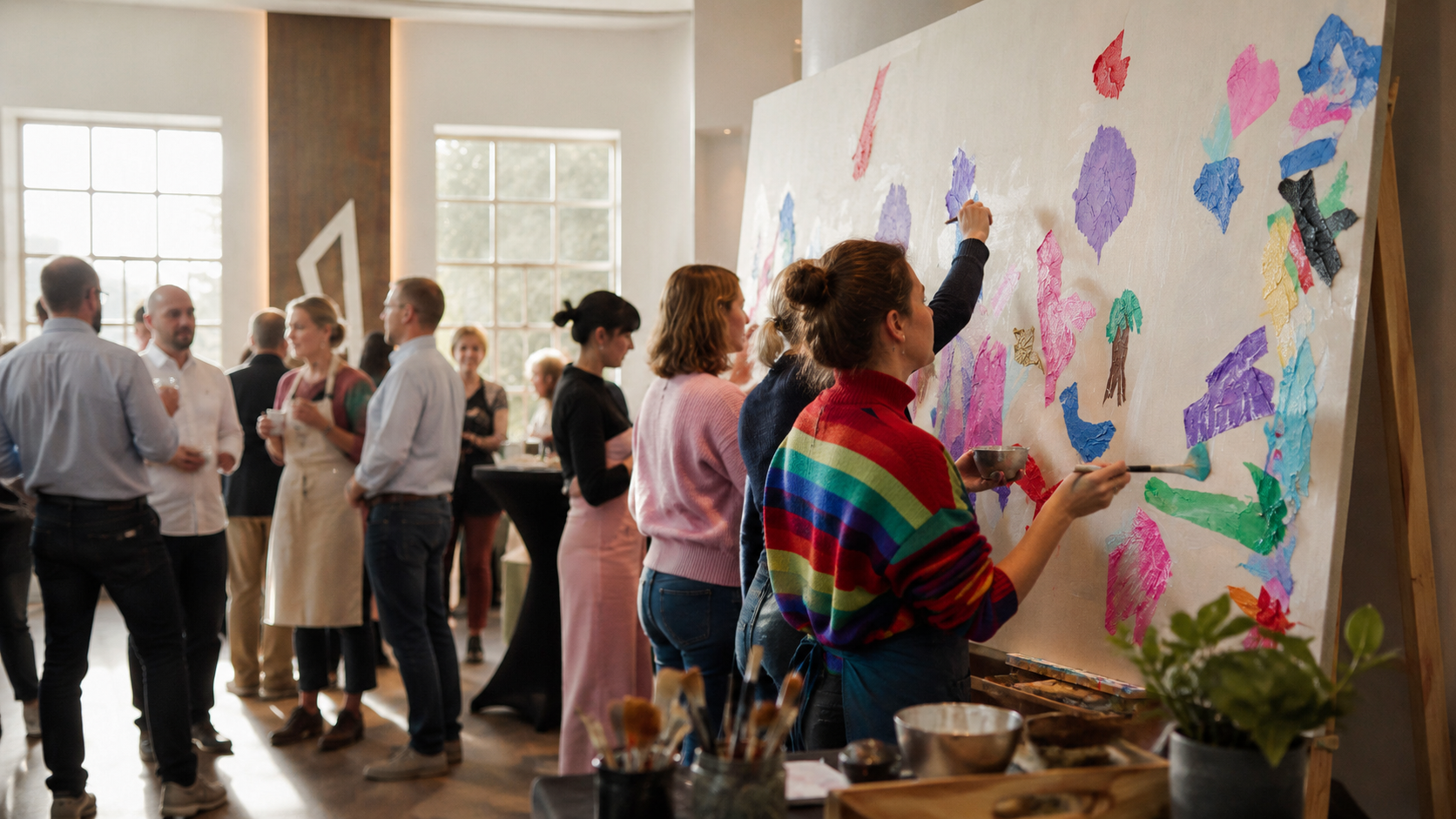 A group painting a large collective mural together in the studio.